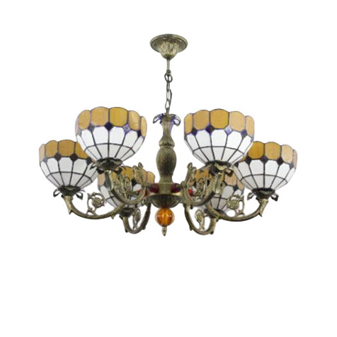 6 Heads Bowl Shade Pendant Light Tiffany Antique Glass Chandelier in Green/Yellow for Hotel Clearhalo 'Ceiling Lights' 'Chandeliers' 'Close To Ceiling Lights' 'Industrial' 'Middle Century Chandeliers' 'Tiffany Chandeliers' 'Tiffany close to ceiling' 'Tiffany' Lighting' 54043