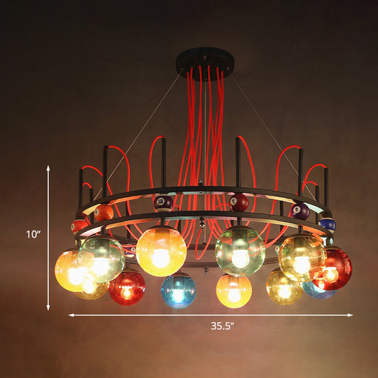 Black Round Ceiling Chandelier Vintage Colorful Glass 8/12/16 Bulbs Living Room Pendant Light with Billiard Decoration Clearhalo 'Ceiling Lights' 'Chandeliers' 'Glass shade' 'Glass' 'Industrial Chandeliers' 'Industrial' 'Middle Century Chandeliers' 'Pendant Lights' 'Tiffany' Lighting' 541505