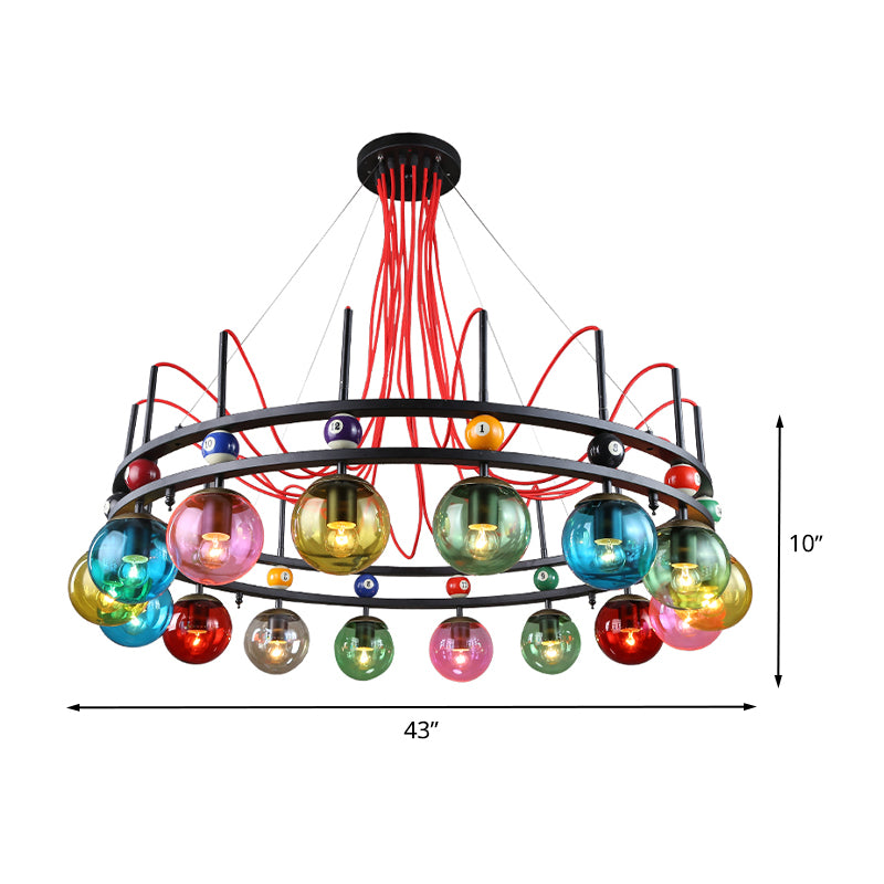 Black Round Ceiling Chandelier Vintage Colorful Glass 8/12/16 Bulbs Living Room Pendant Light with Billiard Decoration Clearhalo 'Ceiling Lights' 'Chandeliers' 'Glass shade' 'Glass' 'Industrial Chandeliers' 'Industrial' 'Middle Century Chandeliers' 'Pendant Lights' 'Tiffany' Lighting' 541508
