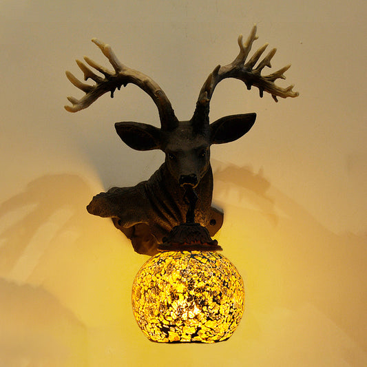 1 Light Wall Lighting Mediterranean Globe Stained Glass Sconce Light in Silver/White/Beige with Deer Head Deco Yellow Clearhalo 'Tiffany wall lights' 'Tiffany' 'Wall Lamps & Sconces' 'Wall Lights' Lighting' 541531_2c89463e-46af-4c33-b023-ec421a89b1e1