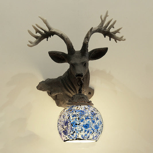 1 Light Wall Lighting Mediterranean Globe Stained Glass Sconce Light in Silver/White/Beige with Deer Head Deco Blue Clearhalo 'Tiffany wall lights' 'Tiffany' 'Wall Lamps & Sconces' 'Wall Lights' Lighting' 541532_205e2e25-c5c9-41aa-9eb6-e5146e779bd4