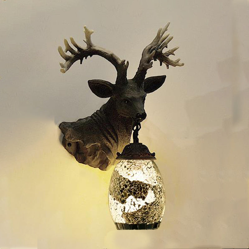 1 Light Wall Lighting Mediterranean Globe Stained Glass Sconce Light in Silver/White/Beige with Deer Head Deco White Clearhalo 'Tiffany wall lights' 'Tiffany' 'Wall Lamps & Sconces' 'Wall Lights' Lighting' 541533_ebfaf860-f835-47ec-b760-0d239012b2e2