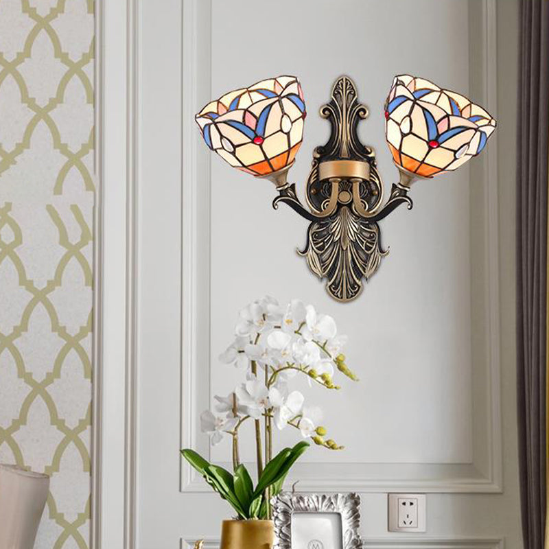 2 Lights Wall Mounted Light Mediterranean Dome/Flower Stained Art Glass Sconce in Red/Pink/Orange for Bedroom Orange Clearhalo 'Industrial' 'Middle century wall lights' 'Tiffany wall lights' 'Tiffany' 'Wall Lamps & Sconces' 'Wall Lights' Lighting' 541534