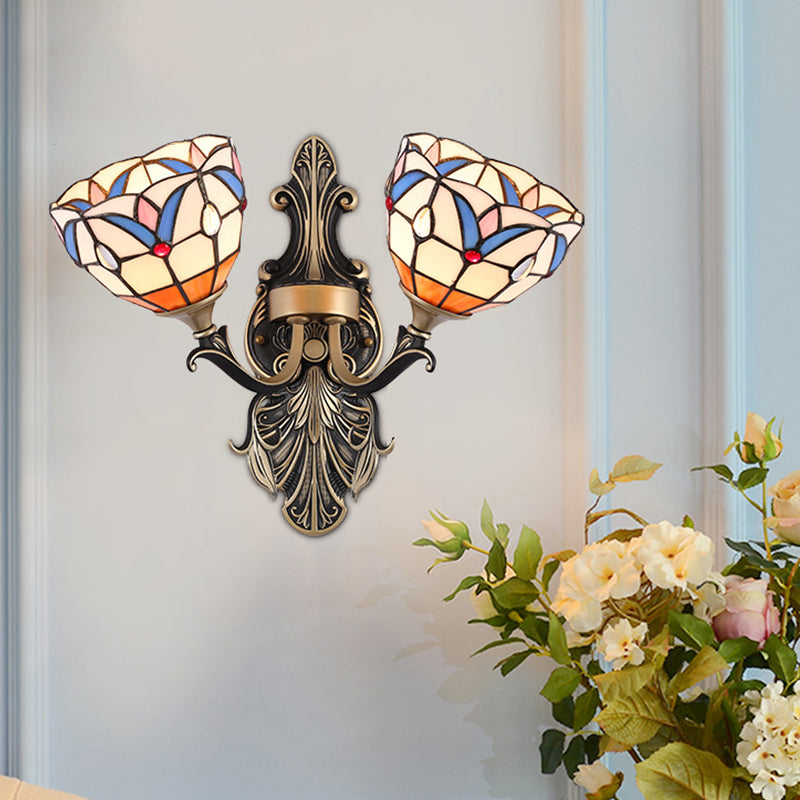 2 Lights Wall Mounted Light Mediterranean Dome/Flower Stained Art Glass Sconce in Red/Pink/Orange for Bedroom Clearhalo 'Industrial' 'Middle century wall lights' 'Tiffany wall lights' 'Tiffany' 'Wall Lamps & Sconces' 'Wall Lights' Lighting' 541535