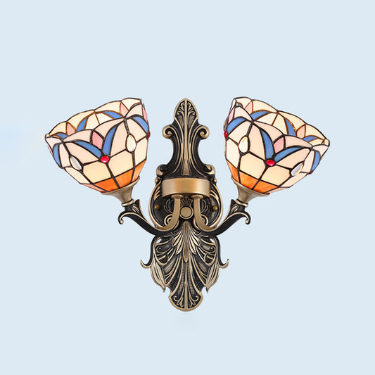 2 Lights Wall Mounted Light Mediterranean Dome/Flower Stained Art Glass Sconce in Red/Pink/Orange for Bedroom Clearhalo 'Industrial' 'Middle century wall lights' 'Tiffany wall lights' 'Tiffany' 'Wall Lamps & Sconces' 'Wall Lights' Lighting' 541536