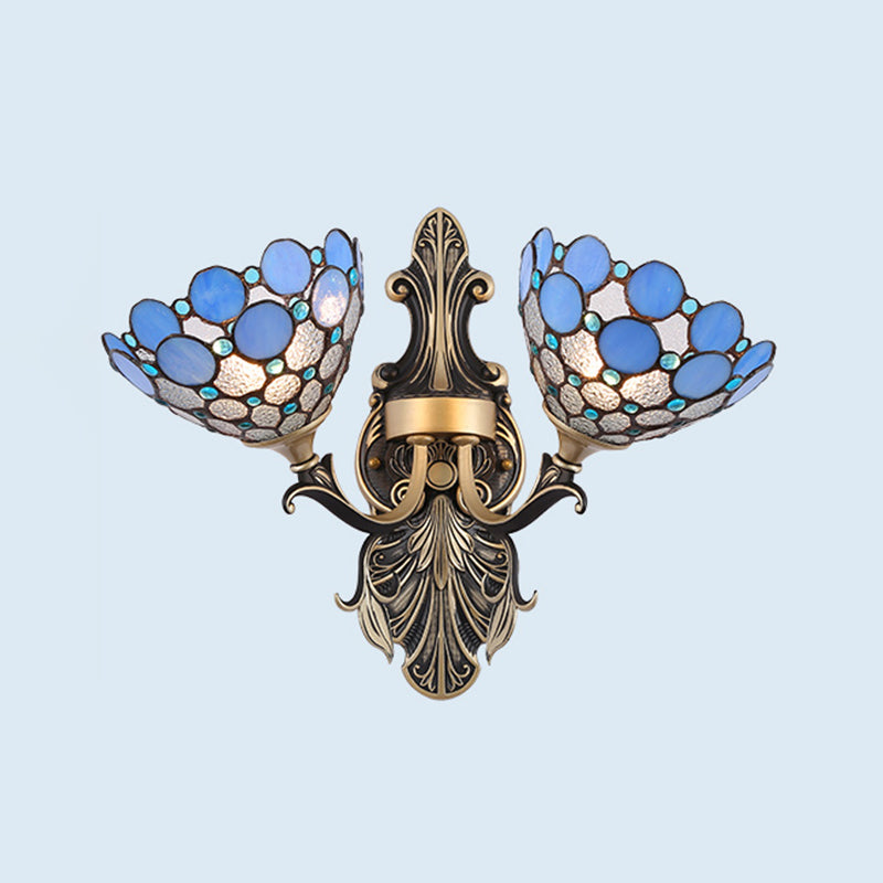 2 Lights Wall Mounted Light Mediterranean Dome/Flower Stained Art Glass Sconce in Red/Pink/Orange for Bedroom Blue Clearhalo 'Industrial' 'Middle century wall lights' 'Tiffany wall lights' 'Tiffany' 'Wall Lamps & Sconces' 'Wall Lights' Lighting' 541537