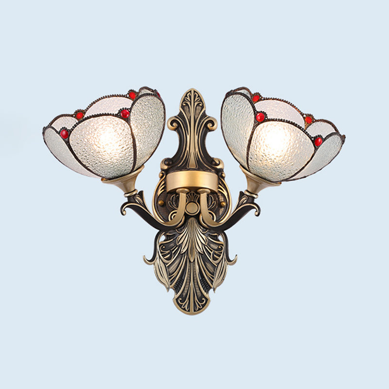 2 Lights Wall Mounted Light Mediterranean Dome/Flower Stained Art Glass Sconce in Red/Pink/Orange for Bedroom Textured Silver Clearhalo 'Industrial' 'Middle century wall lights' 'Tiffany wall lights' 'Tiffany' 'Wall Lamps & Sconces' 'Wall Lights' Lighting' 541538