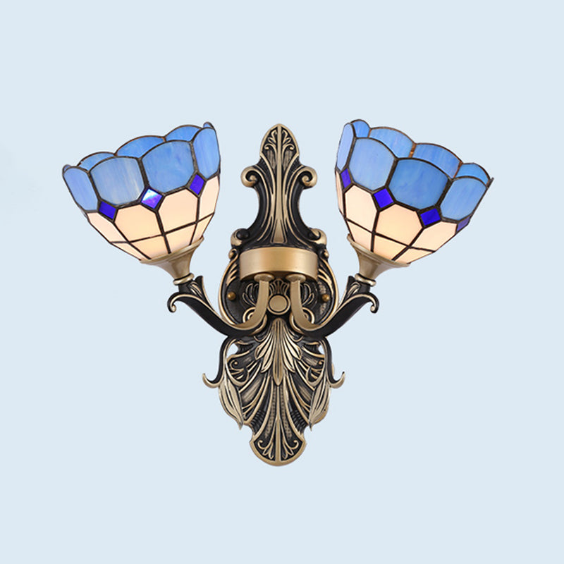 2 Lights Wall Mounted Light Mediterranean Dome/Flower Stained Art Glass Sconce in Red/Pink/Orange for Bedroom Ocean Blue Clearhalo 'Industrial' 'Middle century wall lights' 'Tiffany wall lights' 'Tiffany' 'Wall Lamps & Sconces' 'Wall Lights' Lighting' 541539