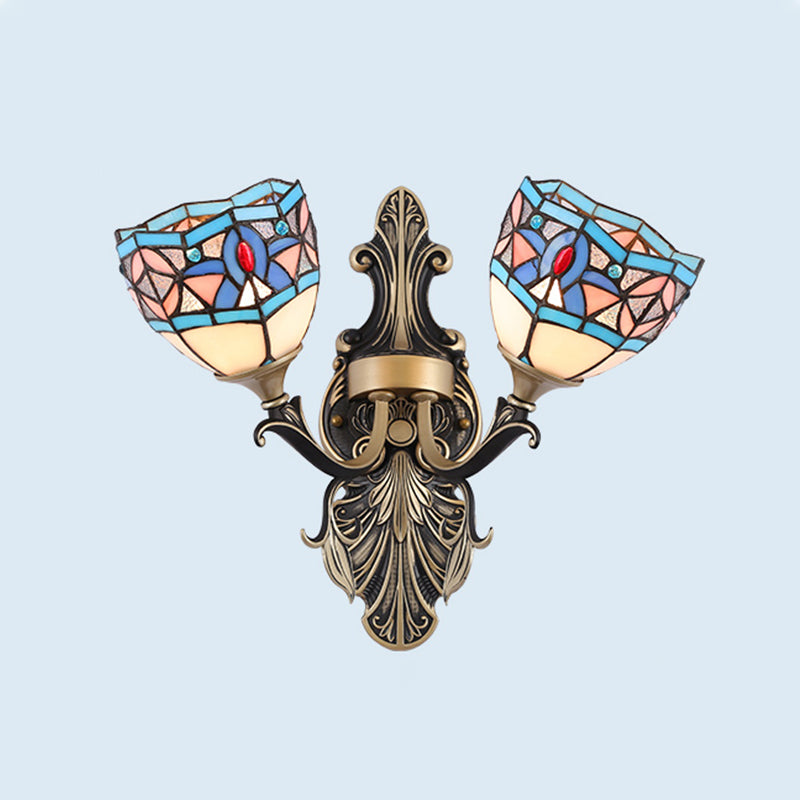 2 Lights Wall Mounted Light Mediterranean Dome/Flower Stained Art Glass Sconce in Red/Pink/Orange for Bedroom Pink Clearhalo 'Industrial' 'Middle century wall lights' 'Tiffany wall lights' 'Tiffany' 'Wall Lamps & Sconces' 'Wall Lights' Lighting' 541540