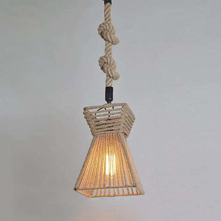 12"/16" W Rope Cage Shade Hanging Fixture Lodge Stylish 1 Head Restaurant Pendant Light in Beige Beige 12" Clearhalo 'Ceiling Lights' 'Industrial Pendants' 'Industrial' 'Middle Century Pendants' 'Pendant Lights' 'Pendants' 'Tiffany' Lighting' 5429