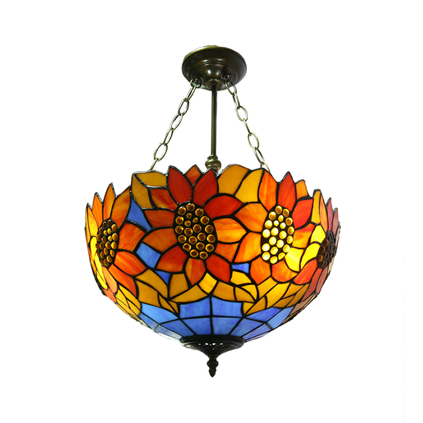 Bookstore Sunflower Ceiling Light 12"/16" Width Stained Glass Rustic Tiffany Orange Semi Flush Mount Light Orange 16" Clearhalo 'Ceiling Lights' 'Close To Ceiling Lights' 'Close to ceiling' 'Glass shade' 'Glass' 'Semi-flushmount' 'Tiffany close to ceiling' 'Tiffany' Lighting' 54510