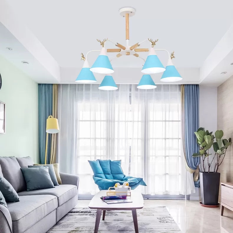 Metal Conical Pendant Light with Antlers Dining Room 6 Lights Macaron Chandelier Clearhalo 'Ceiling Lights' 'Chandeliers' Lighting' options 54900