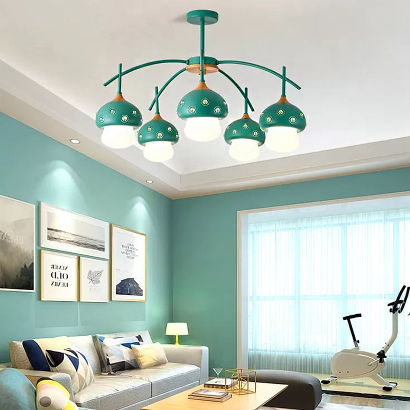 Metal Cartoon Mushroom Chandelier 5 Heads Kids Suspension Light for Girls Boys Bedroom Green Clearhalo 'Ceiling Lights' 'Chandeliers' Lighting' options 54937_a42f25aa-2cc6-4656-ab6b-a2233123dfac