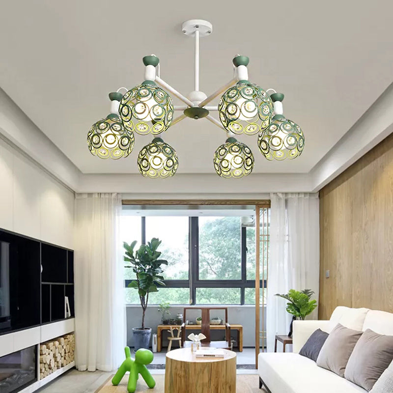 Macaron Hollow Orb Chandelier with Crystal Bead Wrought Iron Green Hanging Light for Bedroom 5 Green Clearhalo 'Ceiling Lights' 'Chandeliers' Lighting' options 54977_67d104c5-da2c-427b-ab94-460aaaf0d551