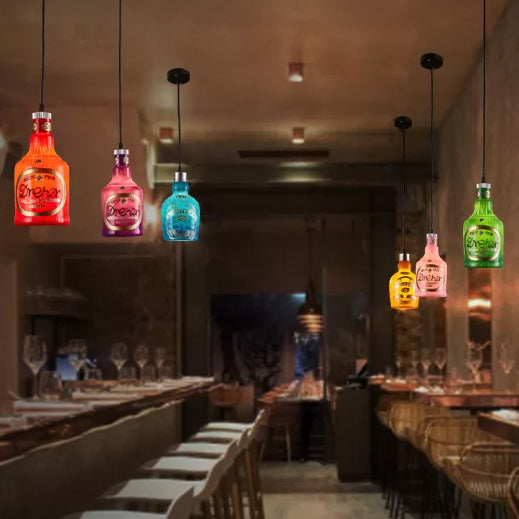 Wine Bottle Restaurant Pendant Lighting Antique Style Glass 1 Light Adjustable Red/Yellow Hanging Lamp Clearhalo 'Ceiling Lights' 'Glass shade' 'Glass' 'Industrial Pendants' 'Industrial' 'Middle Century Pendants' 'Pendant Lights' 'Pendants' 'Tiffany' Lighting' 5501