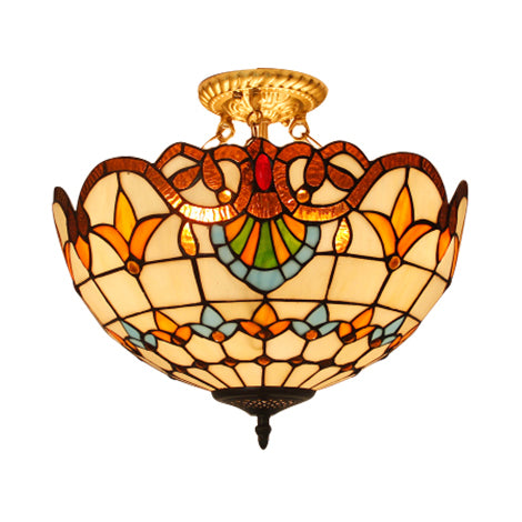 Victorian Designed Ceiling Fixture Tiffany Stylish Beige/Red/Orange/Brown/Blue/Purplish Blue Glass Semi Flush Ceiling Light for Study Room Orange Clearhalo 'Ceiling Lights' 'Close To Ceiling Lights' 'Close to ceiling' 'Glass shade' 'Glass' 'Semi-flushmount' 'Tiffany close to ceiling' 'Tiffany' Lighting' 55055