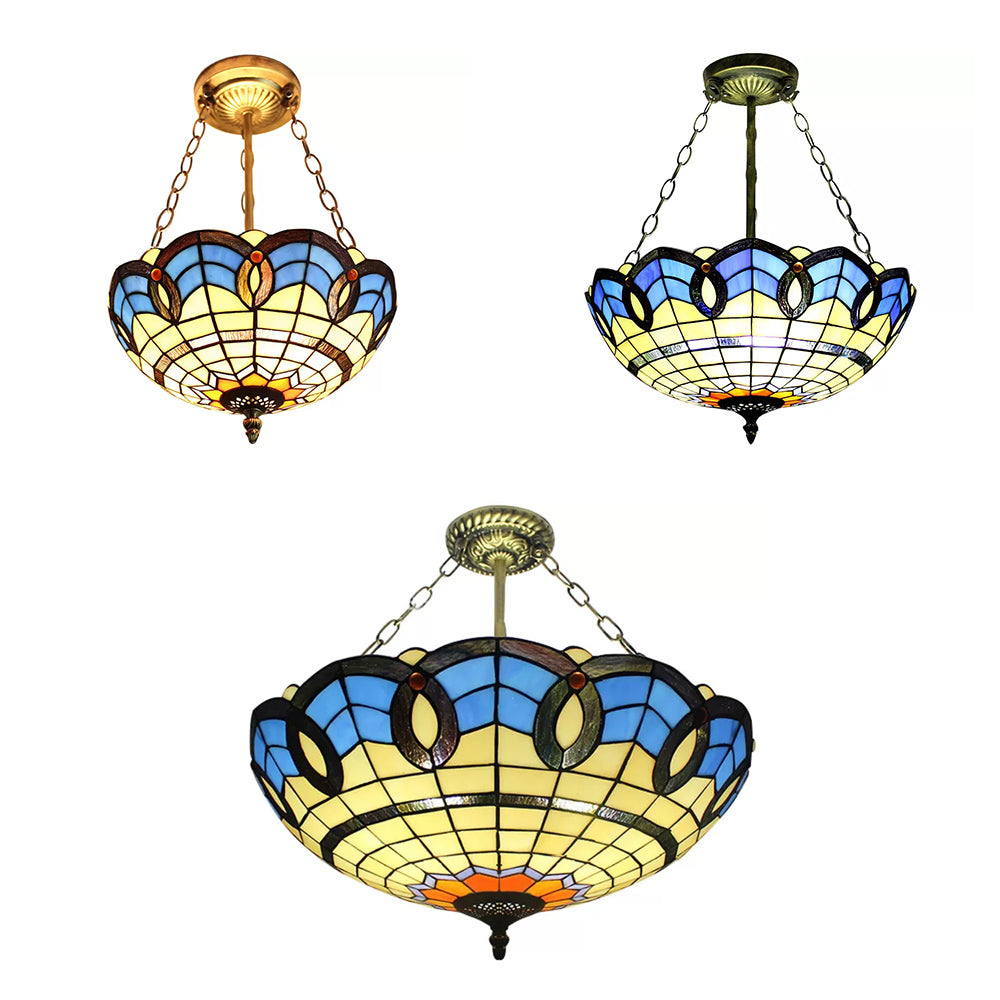 12"/16"/19.5" W Stained Glass Bowl Inverted Ceiling Lamp Living Room Tiffany Baroque Semi Flushmount Light in Beige/Yellow/Antique Bronze Clearhalo 'Ceiling Lights' 'Close To Ceiling Lights' 'Close to ceiling' 'Glass shade' 'Glass' 'Semi-flushmount' 'Tiffany close to ceiling' 'Tiffany' Lighting' 55081