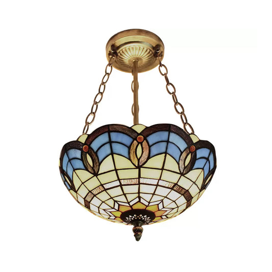 12"/16"/19.5" W Stained Glass Bowl Inverted Ceiling Lamp Living Room Tiffany Baroque Semi Flushmount Light in Beige/Yellow/Antique Bronze Clearhalo 'Ceiling Lights' 'Close To Ceiling Lights' 'Close to ceiling' 'Glass shade' 'Glass' 'Semi-flushmount' 'Tiffany close to ceiling' 'Tiffany' Lighting' 55083