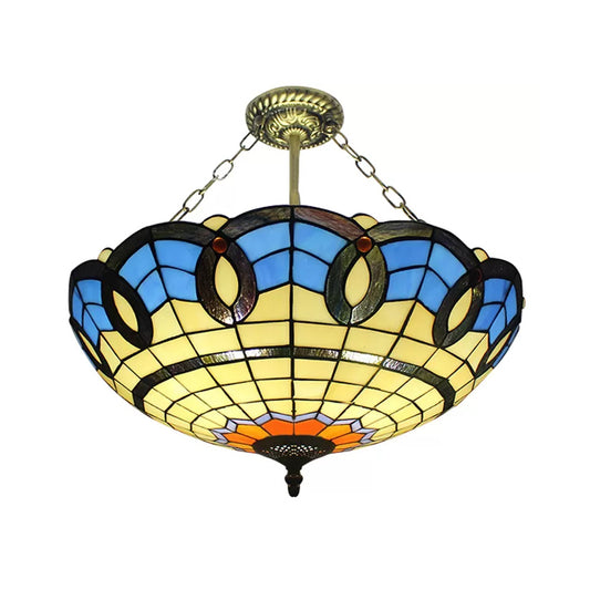12"/16"/19.5" W Stained Glass Bowl Inverted Ceiling Lamp Living Room Tiffany Baroque Semi Flushmount Light in Beige/Yellow/Antique Bronze Yellow 19.5" Clearhalo 'Ceiling Lights' 'Close To Ceiling Lights' 'Close to ceiling' 'Glass shade' 'Glass' 'Semi-flushmount' 'Tiffany close to ceiling' 'Tiffany' Lighting' 55086