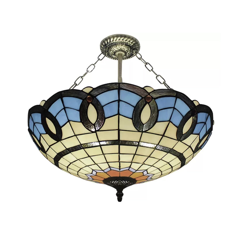 12"/16"/19.5" W Stained Glass Bowl Inverted Ceiling Lamp Living Room Tiffany Baroque Semi Flushmount Light in Beige/Yellow/Antique Bronze Clearhalo 'Ceiling Lights' 'Close To Ceiling Lights' 'Close to ceiling' 'Glass shade' 'Glass' 'Semi-flushmount' 'Tiffany close to ceiling' 'Tiffany' Lighting' 55087