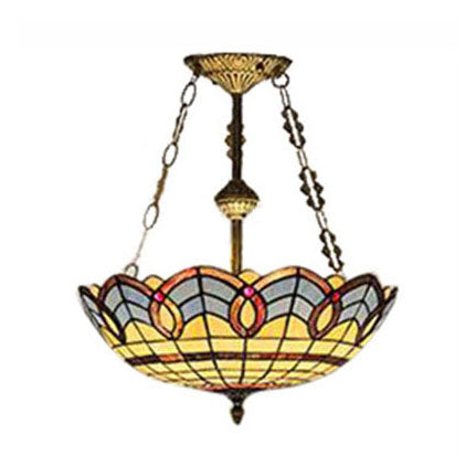 12"/16"/19.5" W Stained Glass Bowl Inverted Ceiling Lamp Living Room Tiffany Baroque Semi Flushmount Light in Beige/Yellow/Antique Bronze Beige 16" Clearhalo 'Ceiling Lights' 'Close To Ceiling Lights' 'Close to ceiling' 'Glass shade' 'Glass' 'Semi-flushmount' 'Tiffany close to ceiling' 'Tiffany' Lighting' 55088