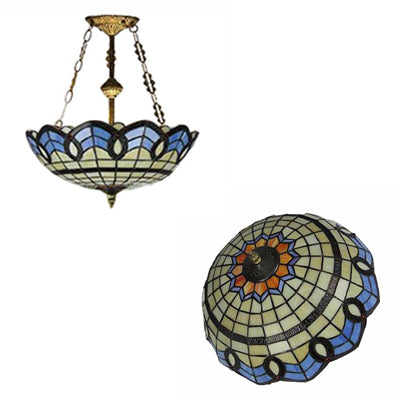 12"/16"/19.5" W Stained Glass Bowl Inverted Ceiling Lamp Living Room Tiffany Baroque Semi Flushmount Light in Beige/Yellow/Antique Bronze Clearhalo 'Ceiling Lights' 'Close To Ceiling Lights' 'Close to ceiling' 'Glass shade' 'Glass' 'Semi-flushmount' 'Tiffany close to ceiling' 'Tiffany' Lighting' 55089
