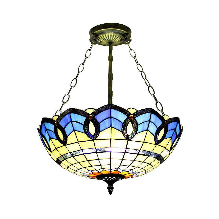12"/16"/19.5" W Stained Glass Bowl Inverted Ceiling Lamp Living Room Tiffany Baroque Semi Flushmount Light in Beige/Yellow/Antique Bronze Antique Bronze 16" Clearhalo 'Ceiling Lights' 'Close To Ceiling Lights' 'Close to ceiling' 'Glass shade' 'Glass' 'Semi-flushmount' 'Tiffany close to ceiling' 'Tiffany' Lighting' 55090