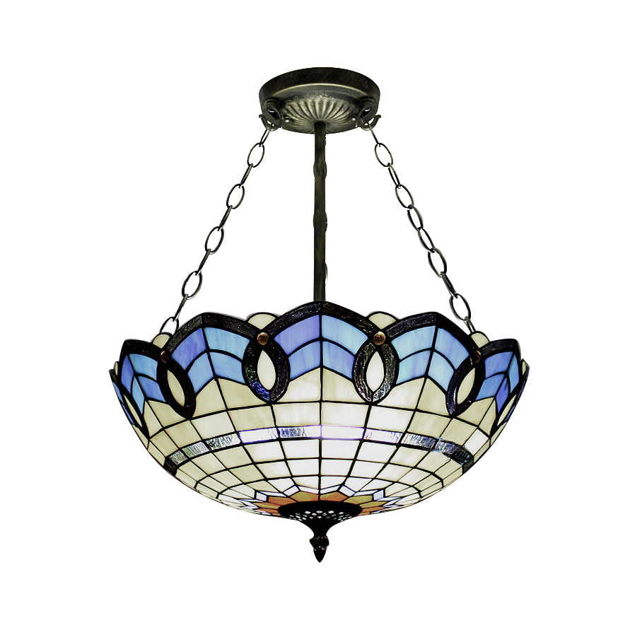 12"/16"/19.5" W Stained Glass Bowl Inverted Ceiling Lamp Living Room Tiffany Baroque Semi Flushmount Light in Beige/Yellow/Antique Bronze Clearhalo 'Ceiling Lights' 'Close To Ceiling Lights' 'Close to ceiling' 'Glass shade' 'Glass' 'Semi-flushmount' 'Tiffany close to ceiling' 'Tiffany' Lighting' 55091