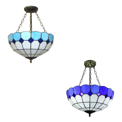 Cafe Lattice 12"/18" W Bowl Ceiling Lamp Stained Glass Tiffany Traditional Blue Inverted Semi Ceiling Mount Light Clearhalo 'Ceiling Lights' 'Close To Ceiling Lights' 'Close to ceiling' 'Glass shade' 'Glass' 'Semi-flushmount' 'Tiffany close to ceiling' 'Tiffany' Lighting' 55113