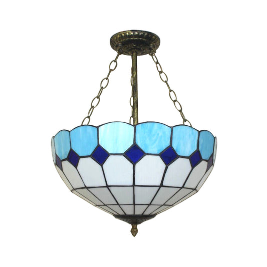 Cafe Lattice 12"/18" W Bowl Ceiling Lamp Stained Glass Tiffany Traditional Blue Inverted Semi Ceiling Mount Light Blue 12" Clearhalo 'Ceiling Lights' 'Close To Ceiling Lights' 'Close to ceiling' 'Glass shade' 'Glass' 'Semi-flushmount' 'Tiffany close to ceiling' 'Tiffany' Lighting' 55114