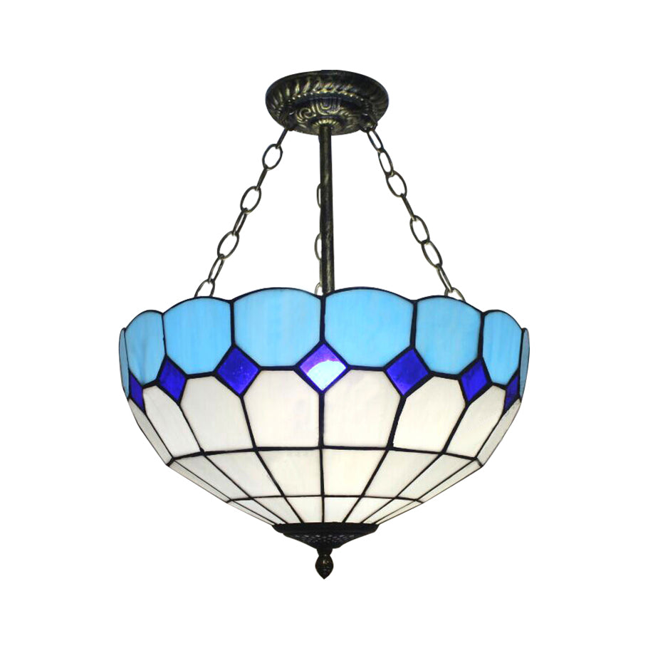 Cafe Lattice 12"/18" W Bowl Ceiling Lamp Stained Glass Tiffany Traditional Blue Inverted Semi Ceiling Mount Light Clearhalo 'Ceiling Lights' 'Close To Ceiling Lights' 'Close to ceiling' 'Glass shade' 'Glass' 'Semi-flushmount' 'Tiffany close to ceiling' 'Tiffany' Lighting' 55115