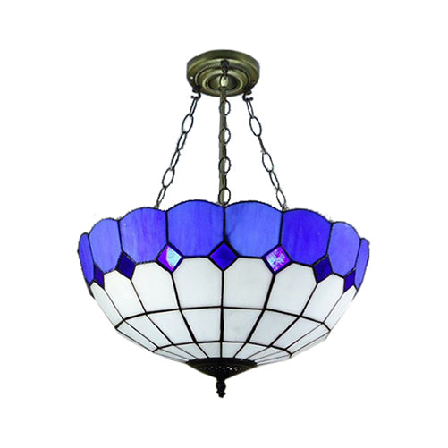 Cafe Lattice 12"/18" W Bowl Ceiling Lamp Stained Glass Tiffany Traditional Blue Inverted Semi Ceiling Mount Light Blue 16" Clearhalo 'Ceiling Lights' 'Close To Ceiling Lights' 'Close to ceiling' 'Glass shade' 'Glass' 'Semi-flushmount' 'Tiffany close to ceiling' 'Tiffany' Lighting' 55116