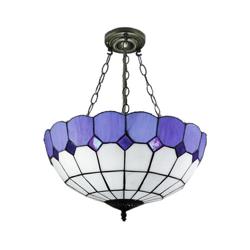 Cafe Lattice 12"/18" W Bowl Ceiling Lamp Stained Glass Tiffany Traditional Blue Inverted Semi Ceiling Mount Light Clearhalo 'Ceiling Lights' 'Close To Ceiling Lights' 'Close to ceiling' 'Glass shade' 'Glass' 'Semi-flushmount' 'Tiffany close to ceiling' 'Tiffany' Lighting' 55117