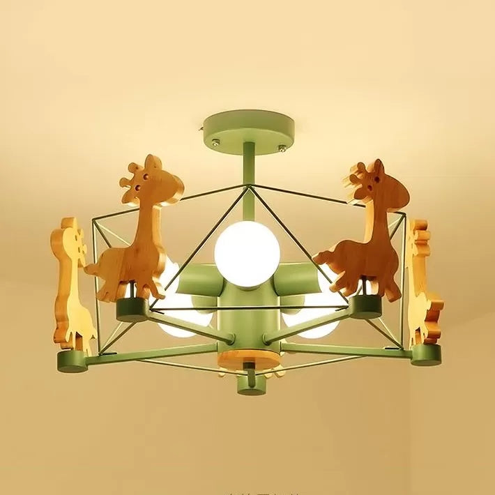 Wire Frame Semi Flush Mount Light with Giraffe 5 Heads Kids Metallic Ceiling Lamp for Child Bedroom Green A Clearhalo 'Ceiling Lights' 'Chandeliers' Lighting' options 55237_700306b2-e942-459e-88e5-28d445f5d51b