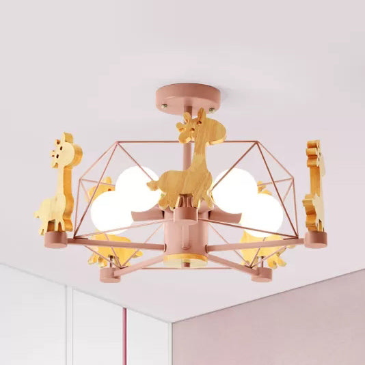 Wire Frame Semi Flush Mount Light with Giraffe 5 Heads Kids Metallic Ceiling Lamp for Child Bedroom Pink A Clearhalo 'Ceiling Lights' 'Chandeliers' Lighting' options 55243_1d832755-1041-4503-a398-e2f847a20b15