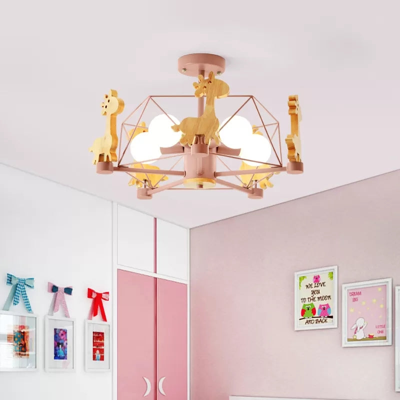 Wire Frame Semi Flush Mount Light with Giraffe 5 Heads Kids Metallic Ceiling Lamp for Child Bedroom Clearhalo 'Ceiling Lights' 'Chandeliers' Lighting' options 55244