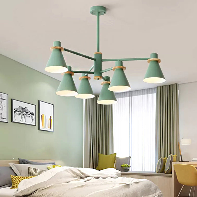 Macaron Stylish Conical Pendant Light Metallic Undertint Chandelier for Child Bedroom 6 Green Clearhalo 'Ceiling Lights' 'Chandeliers' Lighting' options 55305_7af81b4b-5fd2-4865-be1e-e1d368b57eae