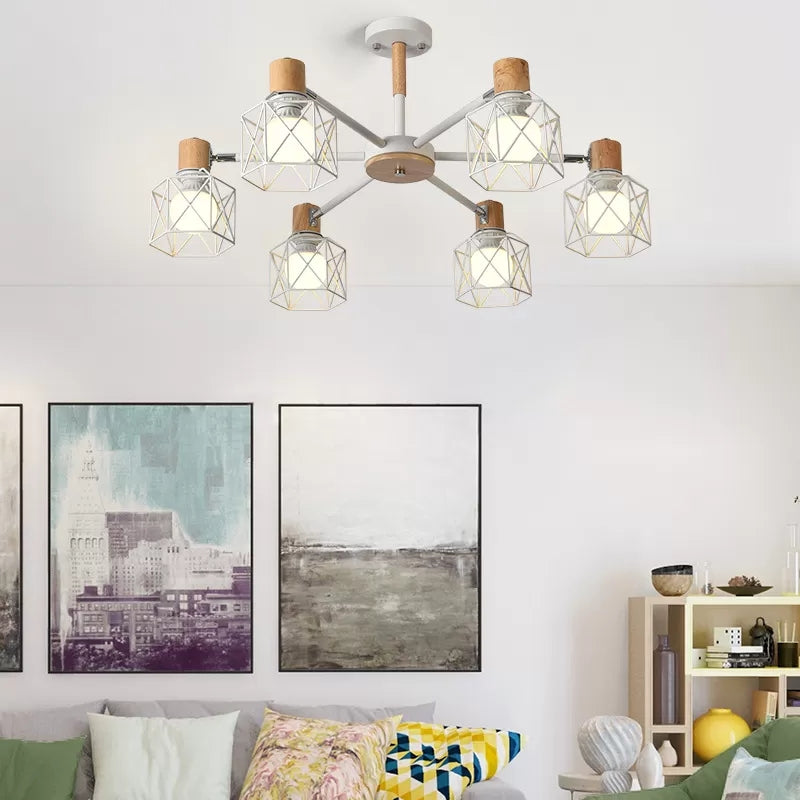 Wire Frame Hanging Light Modern Stylish Wood & Metal Chandelier for Villa Restaurant Clearhalo 'Ceiling Lights' 'Chandeliers' Lighting' options 55435