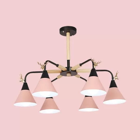 Metallic Conical Pendant Light with Deer Macaron Style Chandelier for Child Bedroom 6 Pink Clearhalo 'Ceiling Lights' 'Chandeliers' Lighting' options 55478_c1130cbd-9586-457b-bd69-1b285c6c8eba