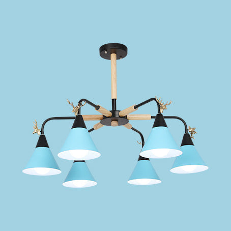 Metallic Conical Pendant Light with Deer Macaron Style Chandelier for Child Bedroom 6 Blue Clearhalo 'Ceiling Lights' 'Chandeliers' Lighting' options 55481_68583a4d-4db6-4bb2-a476-434de8b5ed5d