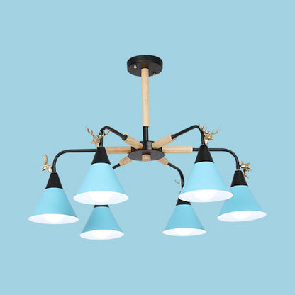 Metallic Conical Pendant Light with Deer Macaron Style Chandelier for Child Bedroom 6 Blue Clearhalo 'Ceiling Lights' 'Chandeliers' Lighting' options 55481_68583a4d-4db6-4bb2-a476-434de8b5ed5d