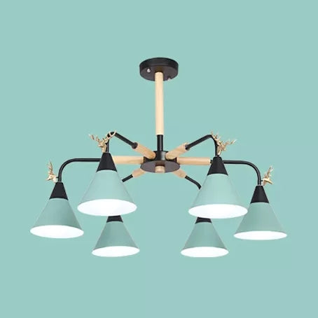 Metallic Conical Pendant Light with Deer Macaron Style Chandelier for Child Bedroom 6 Green Clearhalo 'Ceiling Lights' 'Chandeliers' Lighting' options 55483_9032a004-cce6-40da-a30e-2b86461164db