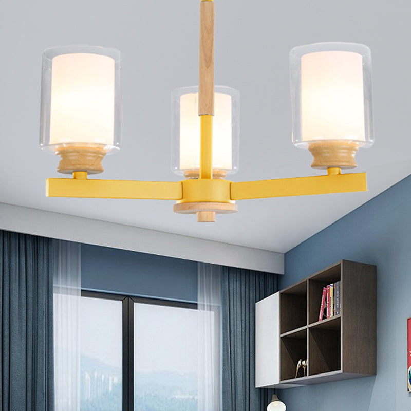 Cylindrical Shade Suspension Light Macaron Style Metallic Chandelier for Kid Bedroom 3 Yellow Clearhalo 'Ceiling Lights' 'Chandeliers' 'Glass shade' 'Glass' 'Pendant Lights' Lighting' 55572