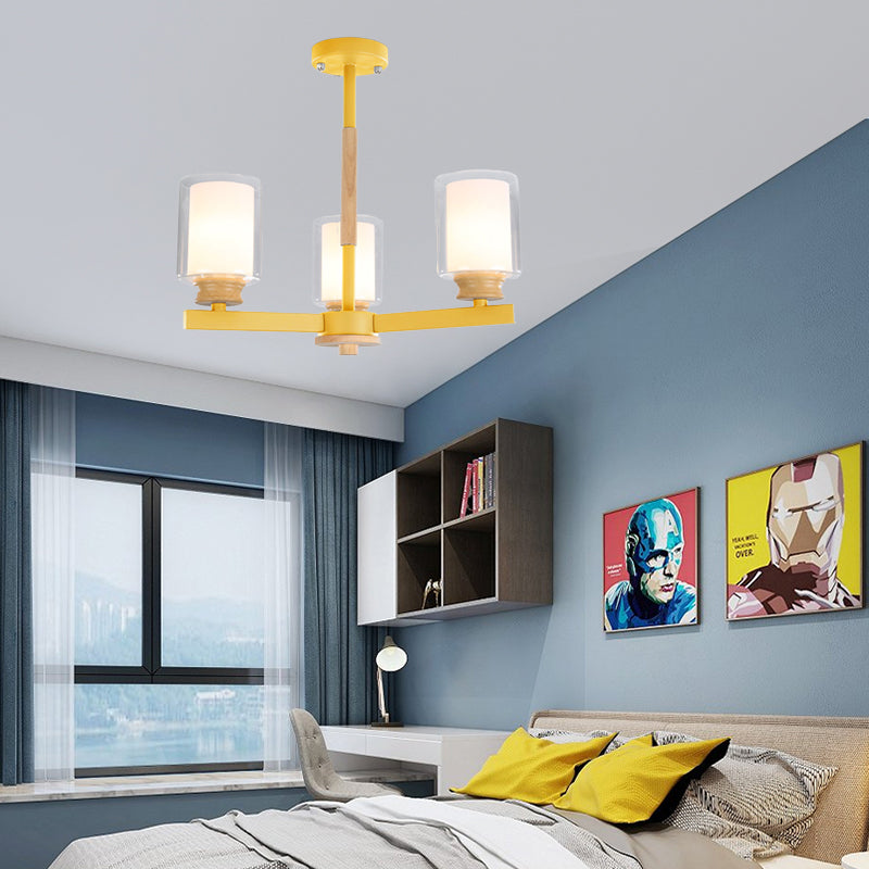 Cylindrical Shade Suspension Light Macaron Style Metallic Chandelier for Kid Bedroom Clearhalo 'Ceiling Lights' 'Chandeliers' 'Glass shade' 'Glass' 'Pendant Lights' Lighting' 55573