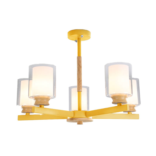 Cylindrical Shade Suspension Light Macaron Style Metallic Chandelier for Kid Bedroom 5 Yellow Clearhalo 'Ceiling Lights' 'Chandeliers' 'Glass shade' 'Glass' 'Pendant Lights' Lighting' 55576