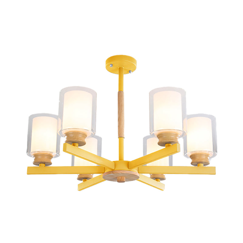 Cylindrical Shade Suspension Light Macaron Style Metallic Chandelier for Kid Bedroom 6 Yellow Clearhalo 'Ceiling Lights' 'Chandeliers' 'Glass shade' 'Glass' 'Pendant Lights' Lighting' 55578