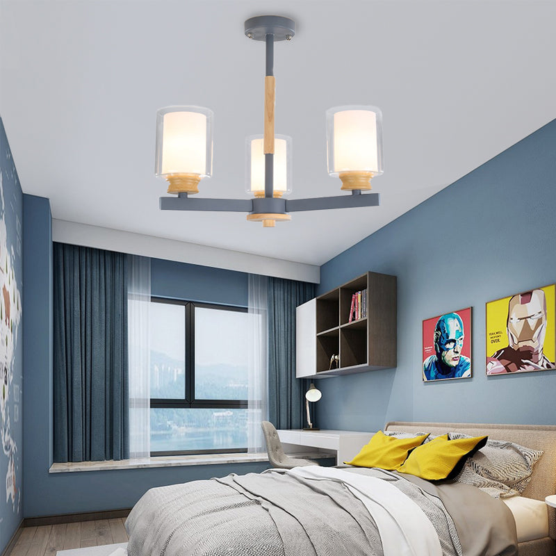 Cylindrical Shade Suspension Light Macaron Style Metallic Chandelier for Kid Bedroom 3 Grey Clearhalo 'Ceiling Lights' 'Chandeliers' 'Glass shade' 'Glass' 'Pendant Lights' Lighting' 55580