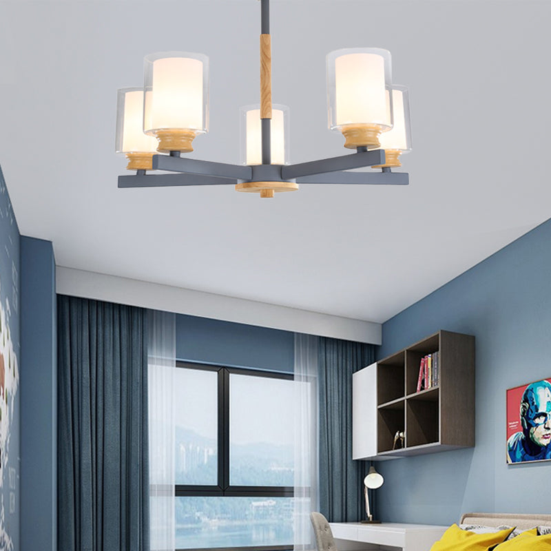 Cylindrical Shade Suspension Light Macaron Style Metallic Chandelier for Kid Bedroom 5 Grey Clearhalo 'Ceiling Lights' 'Chandeliers' 'Glass shade' 'Glass' 'Pendant Lights' Lighting' 55582
