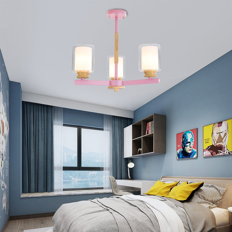 Cylindrical Shade Suspension Light Macaron Style Metallic Chandelier for Kid Bedroom 3 Pink Clearhalo 'Ceiling Lights' 'Chandeliers' 'Glass shade' 'Glass' 'Pendant Lights' Lighting' 55586