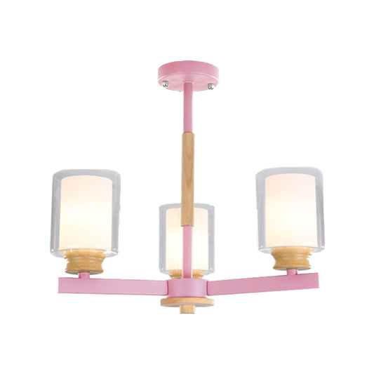 Cylindrical Shade Suspension Light Macaron Style Metallic Chandelier for Kid Bedroom Clearhalo 'Ceiling Lights' 'Chandeliers' 'Glass shade' 'Glass' 'Pendant Lights' Lighting' 55587
